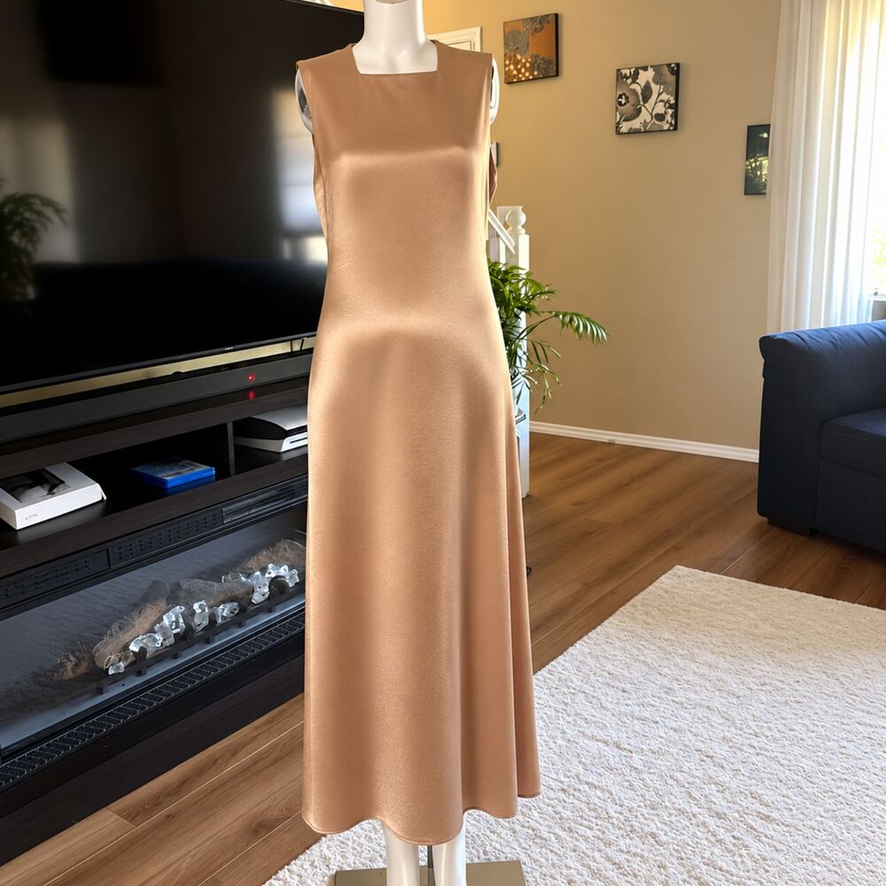 Aleeza Paris Satin Maxi Dress Champagne Square Neck Sleeveless Womens Size S